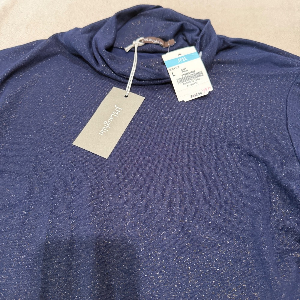 NEW J. McLaughlin Nora Top Navy Blue Shimmer Mock Neck Long Sleeve NWT Large - Picture 4 of 6